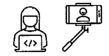 Icons: Person mit Laptop (Code) links und Smartphone auf Selfie-Stick mit Profilbild rechts